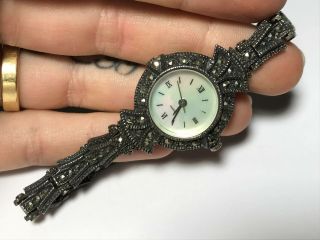 Vtg Sterling Silver 925 Victorian Revival Marcasite Inlaid Watch Bracelet 27.  5g