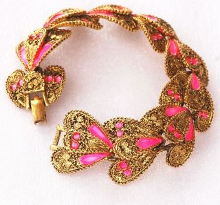 Capri Neon Pink Enamel Gold Gilt Filigree Bracelet Vintage 1960s