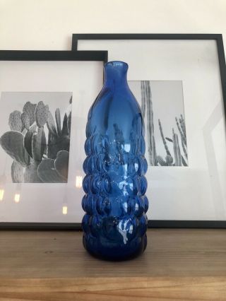 Vintage Mid Century Blenko Op Art Modern Bubble Vase Decanter Blue Signed