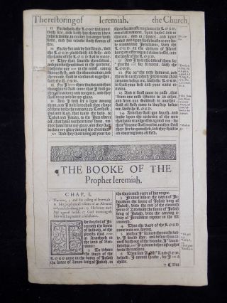 1611 King James Bible Leaf Page Book Of Jeremiah 65:18 - 1:6 Title Page Vgc