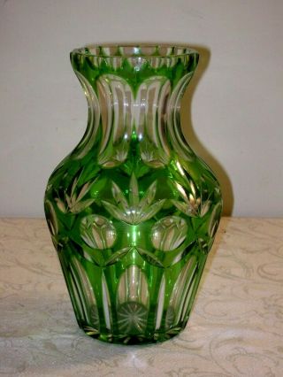 Vintage Emerald Green Vase Glass Cut To Clear Crystal Bohemian German 8 1/2 "
