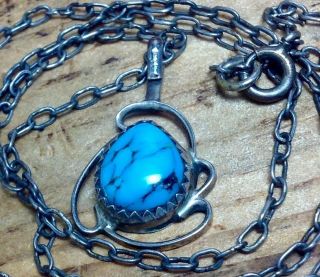 Vintage Southwest Navajo Sterling Silver Turquoise Pendant Necklace (e32)