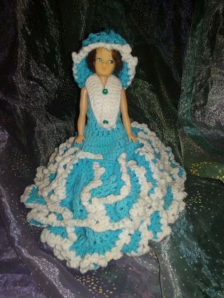Vintage Hand Made Crochet Toilet Paper Roll Cover Dress Doll Blue Pretty