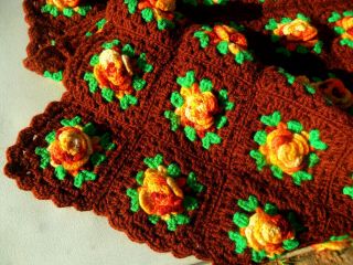 Vtg Handmade Crochet Granny Brown W/ Orange Raised Flowers Afghan Blanket,  Throw