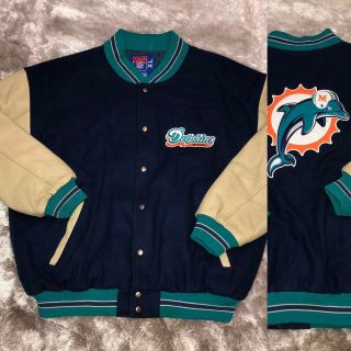 Vintage Nfl Team Miami Dolphins Football Leather Wool Embroidered Snap Jacket Xl