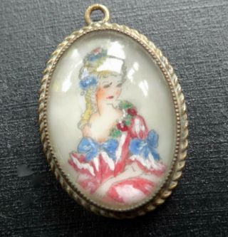 Vintage Signed Tlm Crinoline Lady Charm Pendant For Necklace Gold Tone - A231