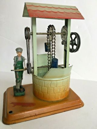 Vintage 1950’s Well Tin Toy Fleischmann Steam Engine Crank Buckets Germany