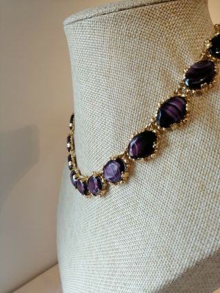 Vintage Necklace & Clip Earrings Set - Purple Cut Glass And Gold - Tone Setting
