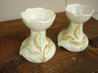 Belleek Vintage Footed Candle Holders,  Ivory W/ Green & Coral Trim,  6th Green