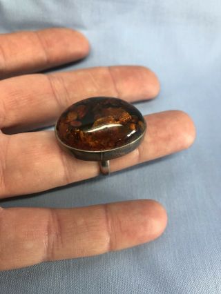 Large Vintage Sterling Silver.  925 Oval Dome Amber Ring Sz 8.  5
