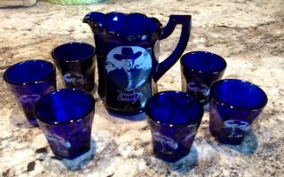 Vintage Cobalt Blue Hopalong Cassidy Childs Drink Water Pitcher Glasses Western