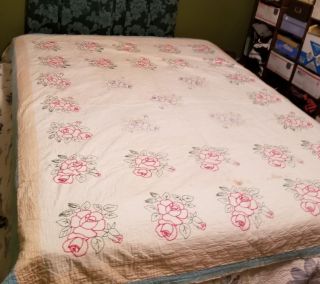 Vintage Quilt Hand Embroidered Flowers Red Roses Cotton Fabrics Hand Quilted