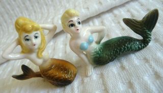Vtg Miniature Set Of 2 Bone China Mermaid Figurines Japan Fish Wall Plaque