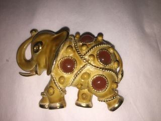 Vintage Elephant Capri Enamel Amber Stones Gold Trim On Brushed Goldtone Exc