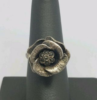 Vintage Sterling Silver And Marcasite Rose Flower Ring Size 7