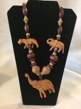 Vtg Hand Carved Wooden Safari Animals Necklace Elephant Lion Boho
