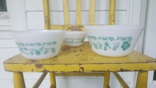 Vintage Federal Glass Scandinavian Turquoise Pattern Set Of 3 Mixing Bowls