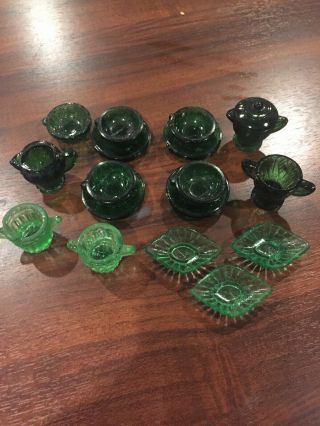 Vintage Agate Vaseline Uranium Green Depression Glass Child’s Or Doll Tea Set