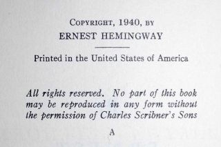 Ernest Hemingway,  FOR WHOM THE BELL TOLLS.  First ed.  /1st pr.  1940,  1st - state DJ. 7