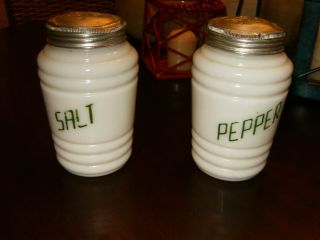 Vintage Beehive Rib Salt & Pepper Shakers Milk Glass With Green Letters