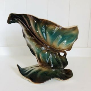 Vintage Shawnee Leaf Shaped Planter Vase Dark Green Tan Glaze Vase Unique 822