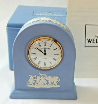 Wedgwood Blue Clock Mantel Desk Grecianquartz Battery Jasper Vintage Boxed