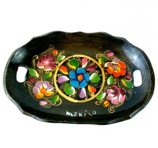 Vintage Mexican Folk Art Hand Carved Tole Painted Batea Wood Tray Bowl