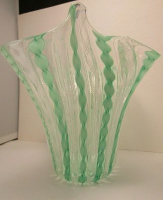 Vintage Murano Latticino Lattice Glass Green & White Handkerchief Vase 7”