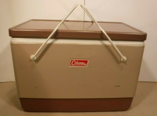 Vintage Brown Coleman Metal Cooler With Metal Handles Ice Chest Camping Beverage