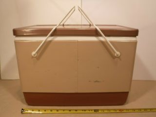 Vintage Brown Coleman Metal Cooler With Metal Handles Ice Chest Camping Beverage 7