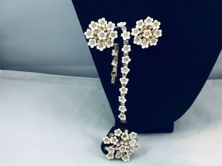 Vtg.  Coro Demi White Lucite & Rhinestone Flowers Brooch/earrings/bracelet