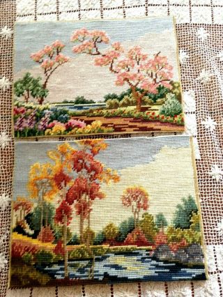 Set Of 2 Finished Vintage Spring & Fall Tree Scene Needlepoint Pictures 12 X 9