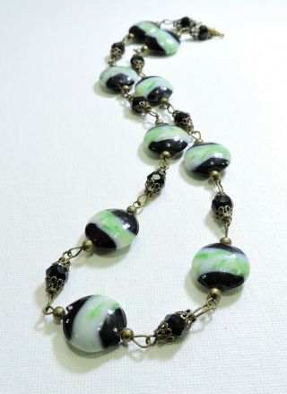 Vintage Black White Green Lampwork Art Glass Bead Necklace Au19176