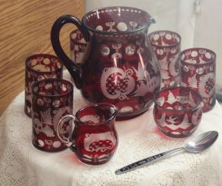 Vintage Bohemia Czech Ruby Crystal Pitcher And Cups,  With Creamer Sugar Bowl