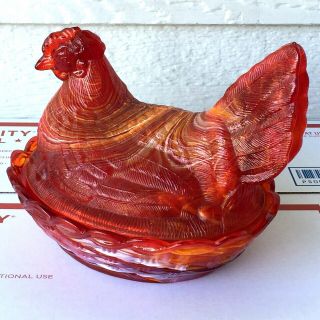 Large 7 - 1/2 " Mosser Red Slag Glass Split Tail Hen On Nest Vtg Candy Dish Basket