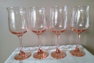 Set Of 4 Vintage Pink /peach Stem Wine Glasses Goblets 8 1/2 "