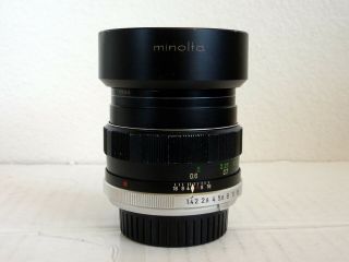 MINOLTA MC ROKKOR - PF 58mm f/1.  4 LENS,  D55NA HOOD,  & F55NA UV FILTER 2