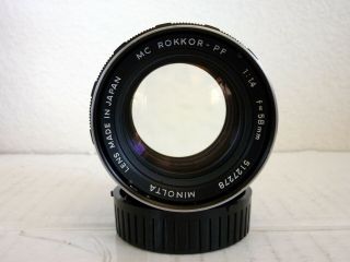 MINOLTA MC ROKKOR - PF 58mm f/1.  4 LENS,  D55NA HOOD,  & F55NA UV FILTER 5