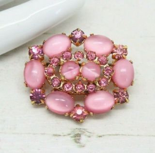 Vintage 1950s Pink Satin Glass & Crystal Rhinestone Gold Brooch Pin Jewellery