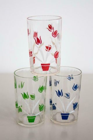 Vintage Retro Set/3 Kraft Red/blue/green Tulips Pots Swanky Swigs Juice Glasses