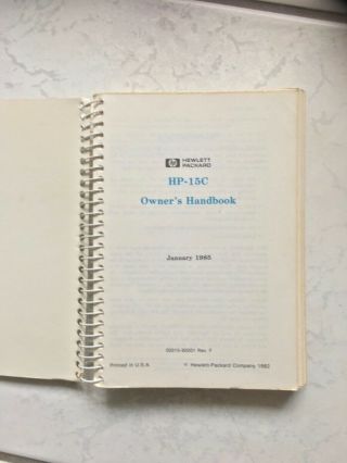 Hewlett Packard HP - 15C Owner’s Handbook - vintage 1985 2