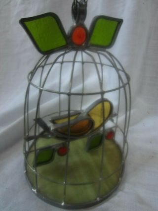 Vintage Stained/leaded Glass Bird In A Cage - Cute