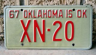 Vintage 1967 " 67 Oklahoma Is Ok Xn - 20 " Automobile License Plate Tag - White/red