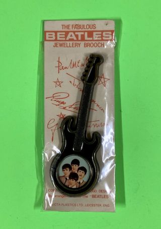 Vtg 1960s Beatles Guitar Jewelry Brooch On Card Lennon Mccartney Harrison Starr