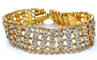 Vintage Clear Rhinestone Bracelet Wide 7 " Long Gold Tone Prong Set Rhinestones