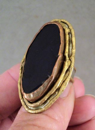 Vtg Brutalist Ring Black Glass Copper Brass Silver Modernist Adjustable - Artisan