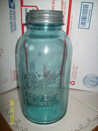 Vintage 13 Ball Perfect Mason Blue Canning Jar Half Gallon With Zinc Lid)