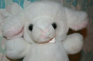 Vintage Gund Babytime Plush White Lamb Sheep Rattle Blue Eyes Pink Bow 1986 7.  5 "