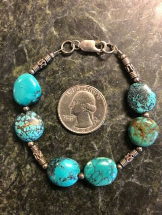 Vintage 7.  5 " Sterling Silver Chinese Turquoise Bracelet W/ Bali Beads 925