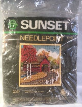 Sunset Needlepoint Autumn Bridge 5 " X 5 " Vintage Never Opened